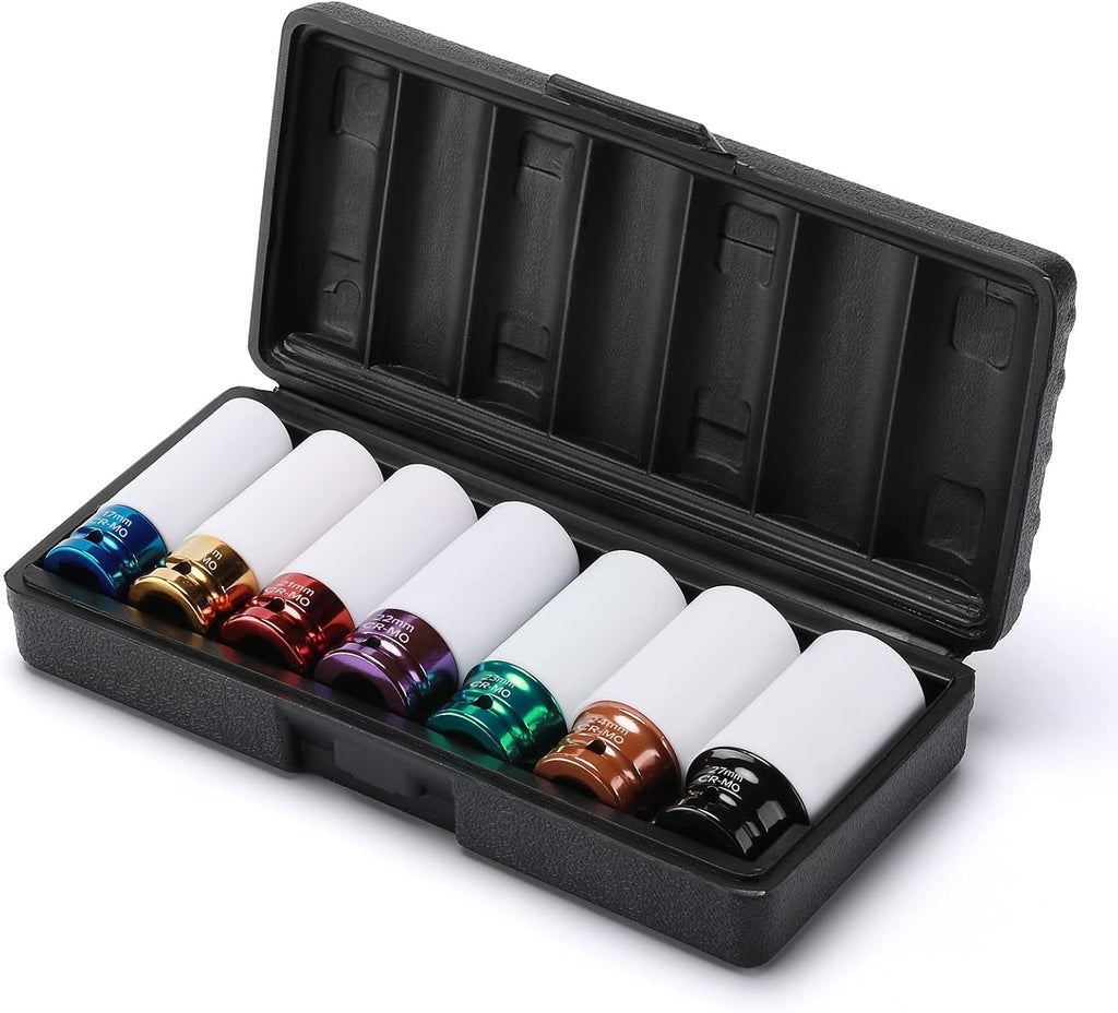 7PCS 1/2" Drive Thin Wall Deep Wheel Protector Impact Socket Set, CR-MO, Lug Nut Impact Socket Set-17Mm, 19Mm, 21Mm, 22Mm, 23Mm, 24Mm, 27Mm