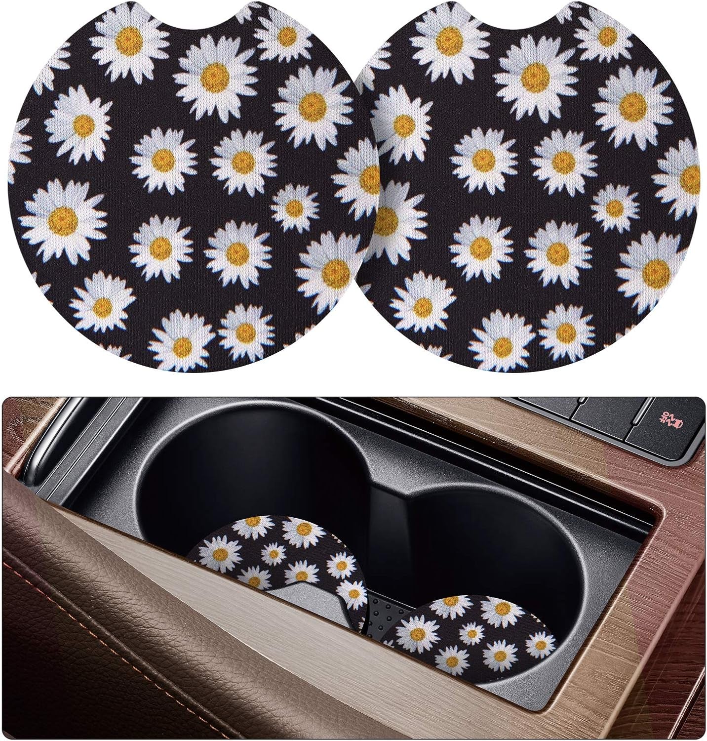 Car Cup Drink Holder Coaster, 2 Pack Car Coasters for Cup Holders, Cute Vehicle Accessories for Women and Girl (Daisy)