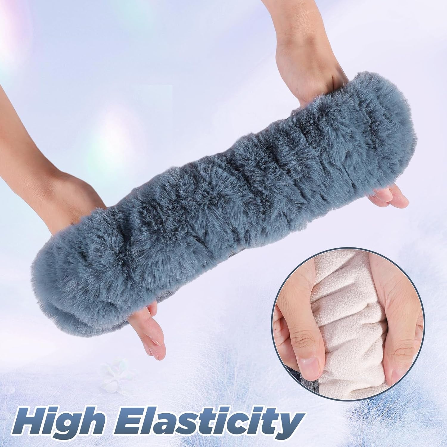 Furry Car Steering Wheel Cover with Fluffy Gear Shift Cover Soft Warm Non-Slip Car Decoration for Men Women Girls 2 PCS Set, Blue Gray