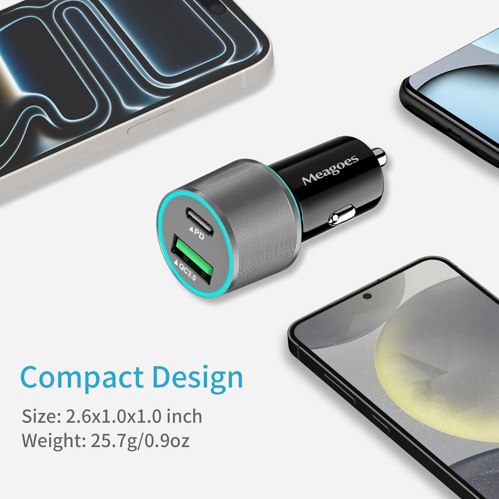 67.5W Blue Car Charger USB C Super Fast Charging, 45W USBC&QC3.0 Port Block for Iphone 17 Pro Max/Air/16/15/Ipad, Samsung S25 Android Cell Phone, Dual 12V Cigarette Lighter Adapter+3.3 Ft Type C Cable