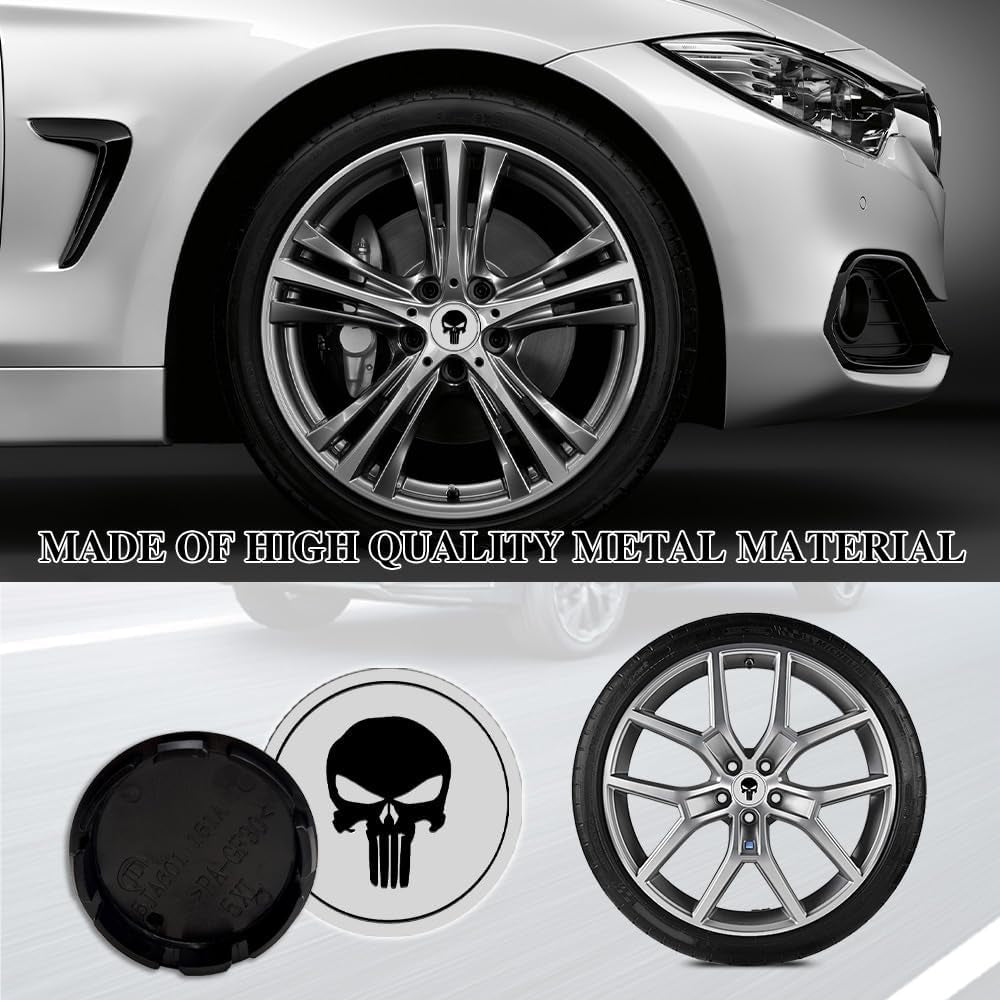 Tecledsn 4PCS Skull Wheel Center Caps - Waterproof & Rustproof Hub Cover Stickers, Decorative Accessories for Trucks and Cars (Black/Silver)