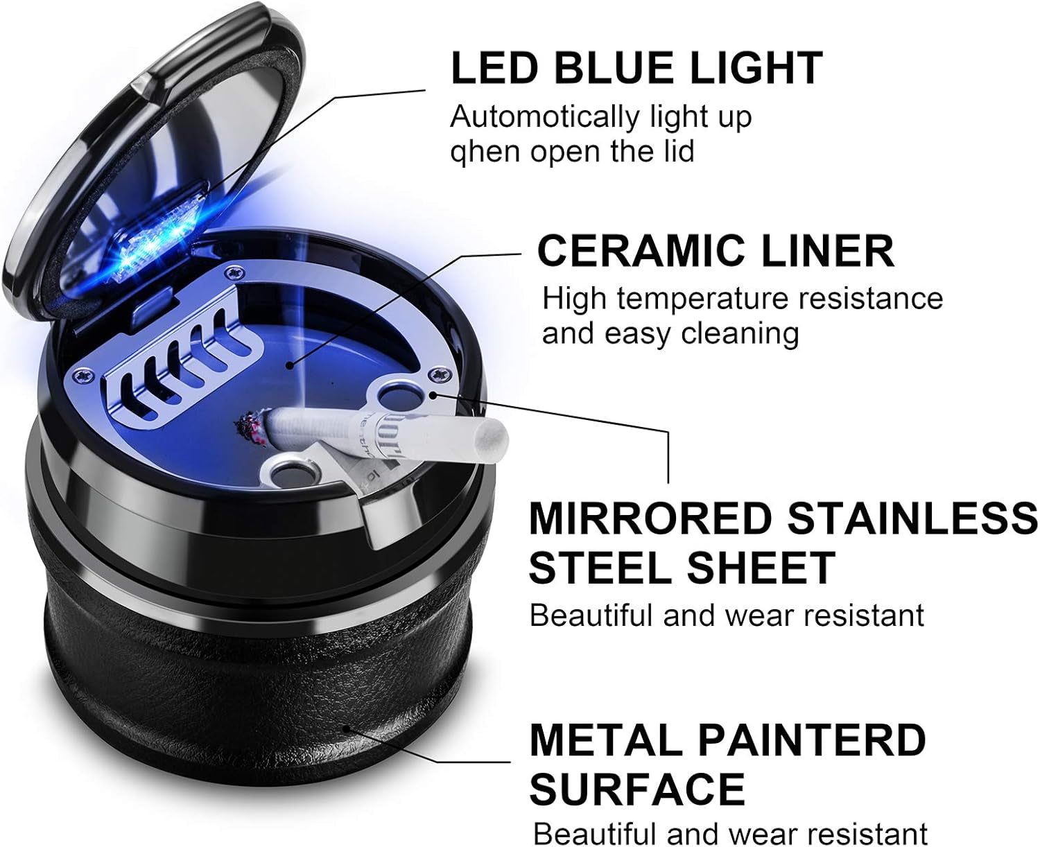 Car Ashtray with Lid Easy Clean up Detachable Auto Ashtray LED for Most Car/Air Vent Cup Holder Home Office