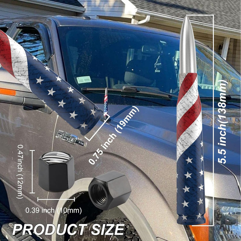 Car Truck Bullet Antenna Replacement Mast with Valve Stem Caps American Flag Style for GMC Sierra Chevy Silverado Dodge Ram 1500 2500 3500 Ford F150 F250 F350 Super Duty Raptor Accessories, Silver