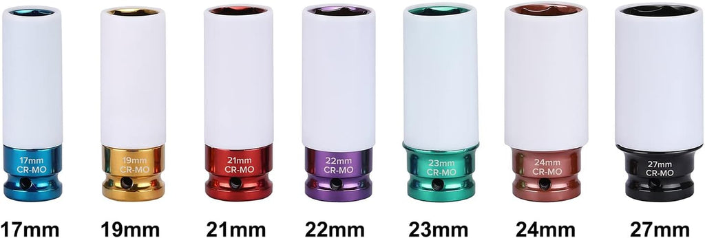 7PCS 1/2" Drive Thin Wall Deep Wheel Protector Impact Socket Set, CR-MO, Lug Nut Impact Socket Set-17Mm, 19Mm, 21Mm, 22Mm, 23Mm, 24Mm, 27Mm