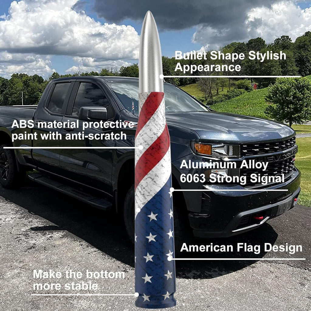 Engirette Car Truck Antenna with Tire Stem Caps American Flag Anti-Theft Design, Universal Short Replacement for Ford F150 F250 F350 Raptor Dodge RAM GMC Sierra Chevy Silverado 1500 2500 3500, Silver