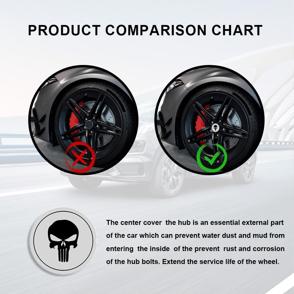 Tecledsn 4PCS Skull Wheel Center Caps - Waterproof & Rustproof Hub Cover Stickers, Decorative Accessories for Trucks and Cars (Black/Silver)