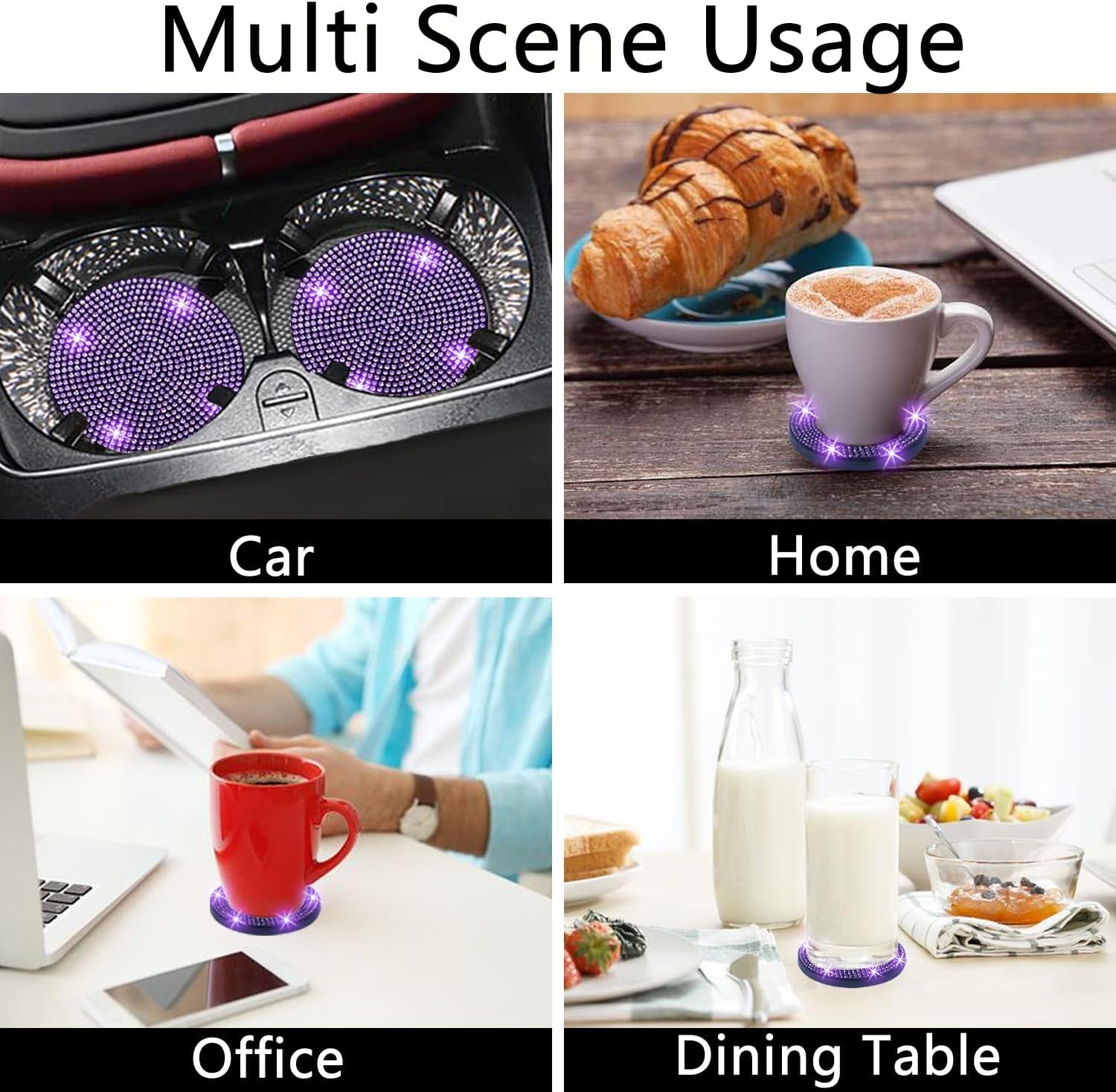 NBTEPEM 4PCS Bling Car Coasters, Non-Slip Insert Water Bottle Holder Pads, Bling Crystal Rhinestone Dustproof Automotive Interior Accessories, Universal for Vehicles, Trucks, Rvs (4 Pcs, Black)