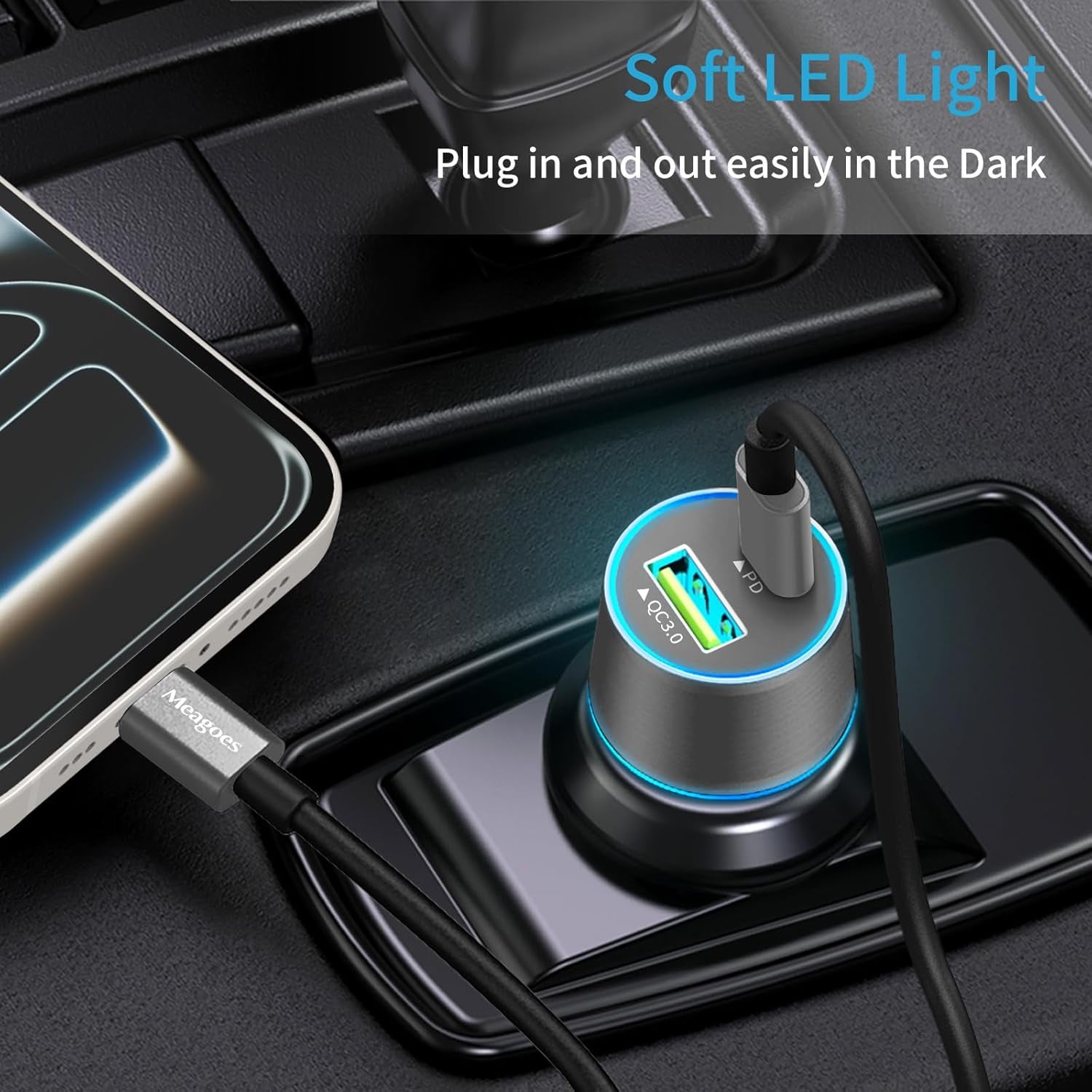 67.5W Blue Car Charger USB C Super Fast Charging, 45W USBC&QC3.0 Port Block for Iphone 17 Pro Max/Air/16/15/Ipad, Samsung S25 Android Cell Phone, Dual 12V Cigarette Lighter Adapter+3.3 Ft Type C Cable