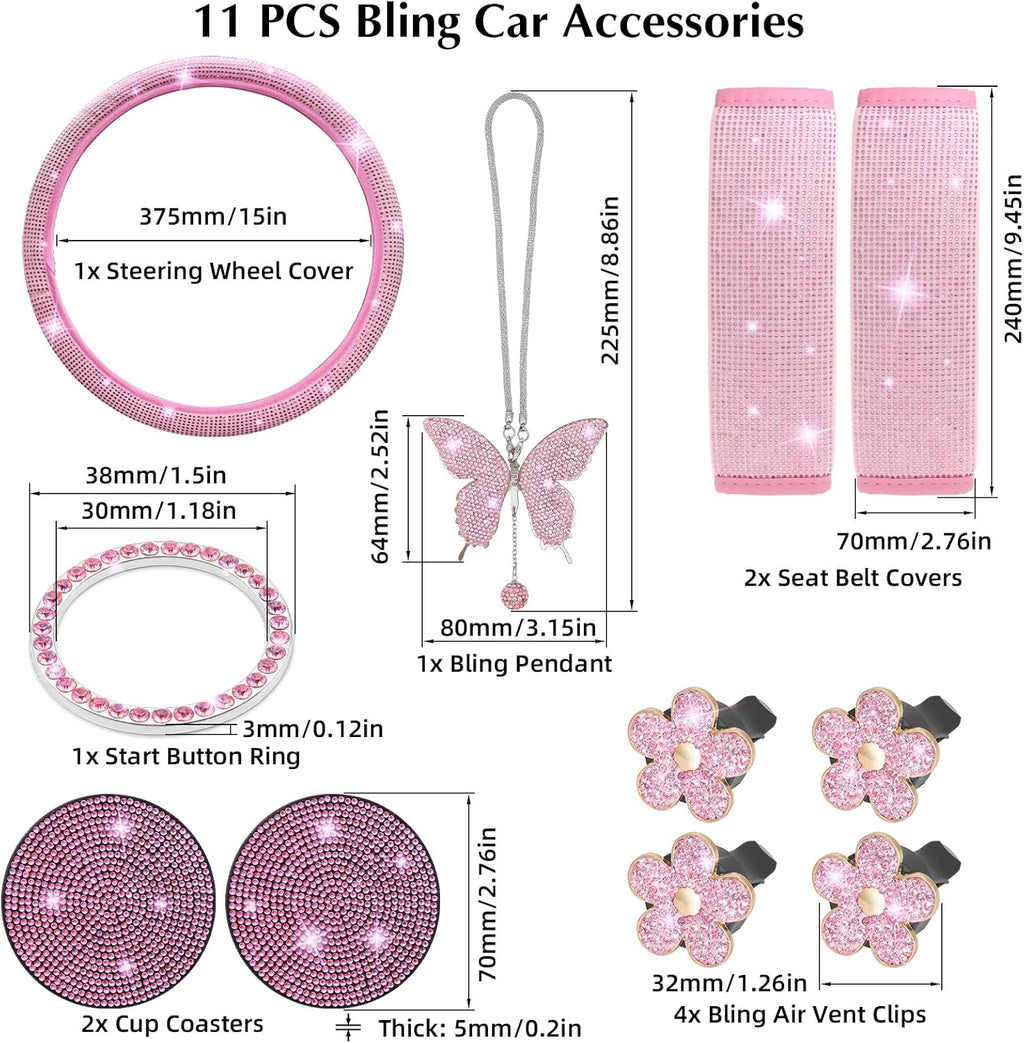 ARTILAURA 11 PCS Bling Car Accessories Set for Women Steering Wheel Covers Butterfly Hanging Seat Belt Cover Air Vent Clips Coasters Cute Glitter Diamond AUTO Accessories Kit (Black)