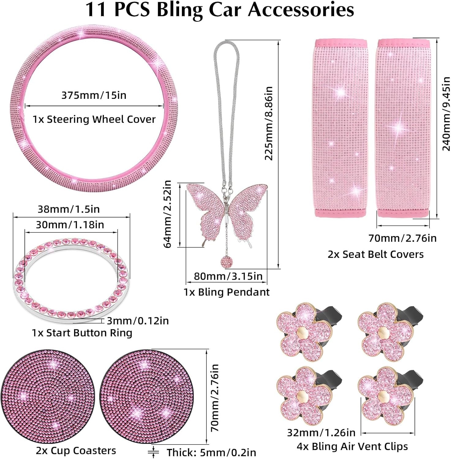 ARTILAURA 11 PCS Bling Car Accessories Set for Women Steering Wheel Covers Butterfly Hanging Seat Belt Cover Air Vent Clips Coasters Cute Glitter Diamond AUTO Accessories Kit (Black)