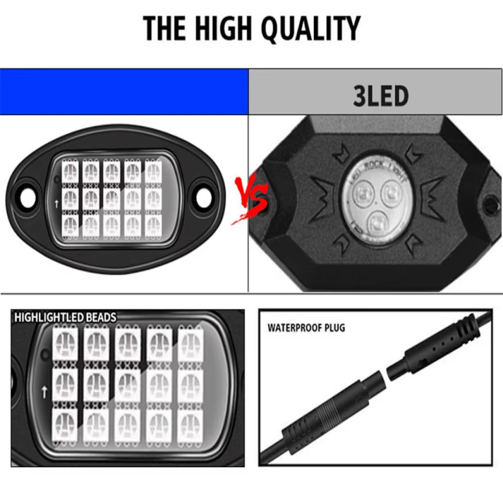 4/8 Pods RGB LED Rock Light 15 Leds APP Control Music Neon Car Underglow Chassis Light for Offroad Truck SUV Rock Lights.