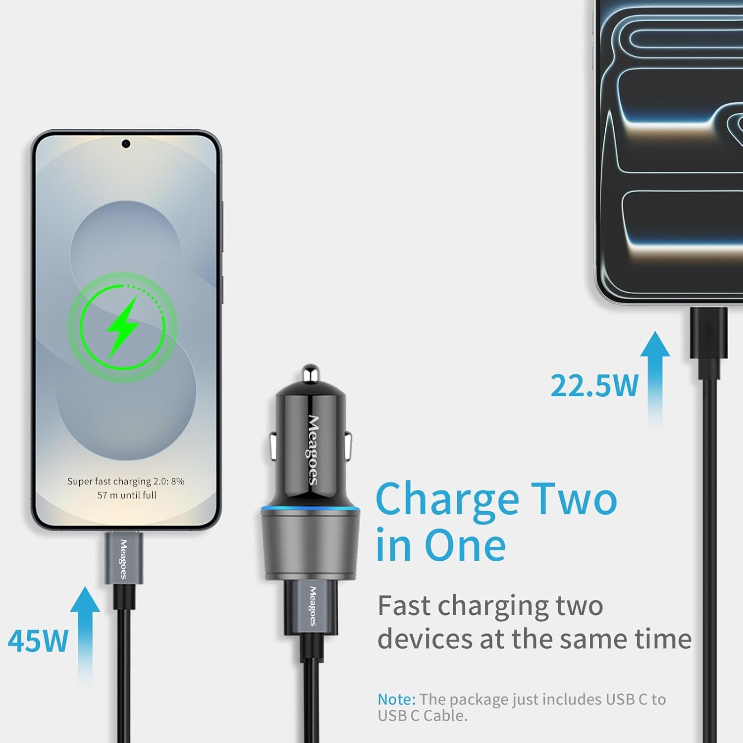 67.5W Blue Car Charger USB C Super Fast Charging, 45W USBC&QC3.0 Port Block for Iphone 17 Pro Max/Air/16/15/Ipad, Samsung S25 Android Cell Phone, Dual 12V Cigarette Lighter Adapter+3.3 Ft Type C Cable