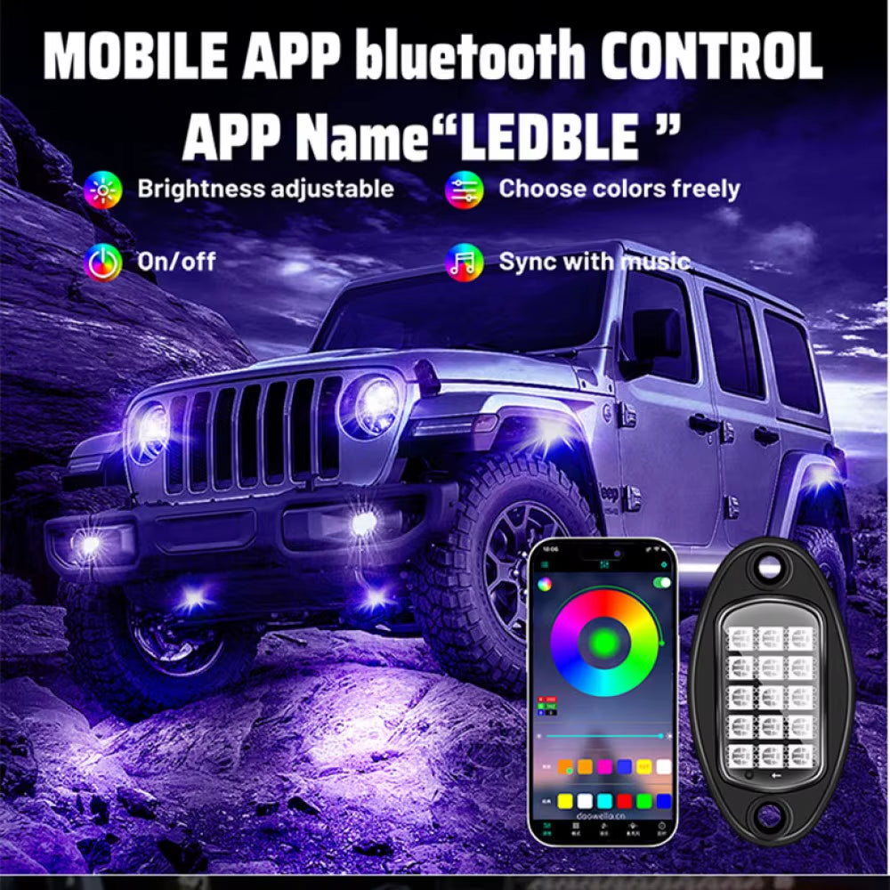 4/8 Pods RGB LED Rock Light 15 Leds APP Control Music Neon Car Underglow Chassis Light for Offroad Truck SUV Rock Lights.