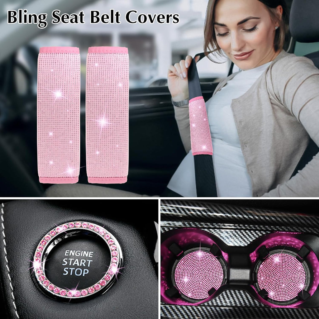 ARTILAURA 11 PCS Bling Car Accessories Set for Women Steering Wheel Covers Butterfly Hanging Seat Belt Cover Air Vent Clips Coasters Cute Glitter Diamond AUTO Accessories Kit (Black)