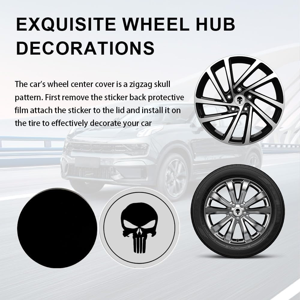 Tecledsn 4PCS Skull Wheel Center Caps, Car Hub Center Caps, Waterproof & Rustproof Wheel Hub Center Cap Cover Stickers, Decorative Car Accessories Wheel Center Covers for Trucks Cars (Silver/Black)