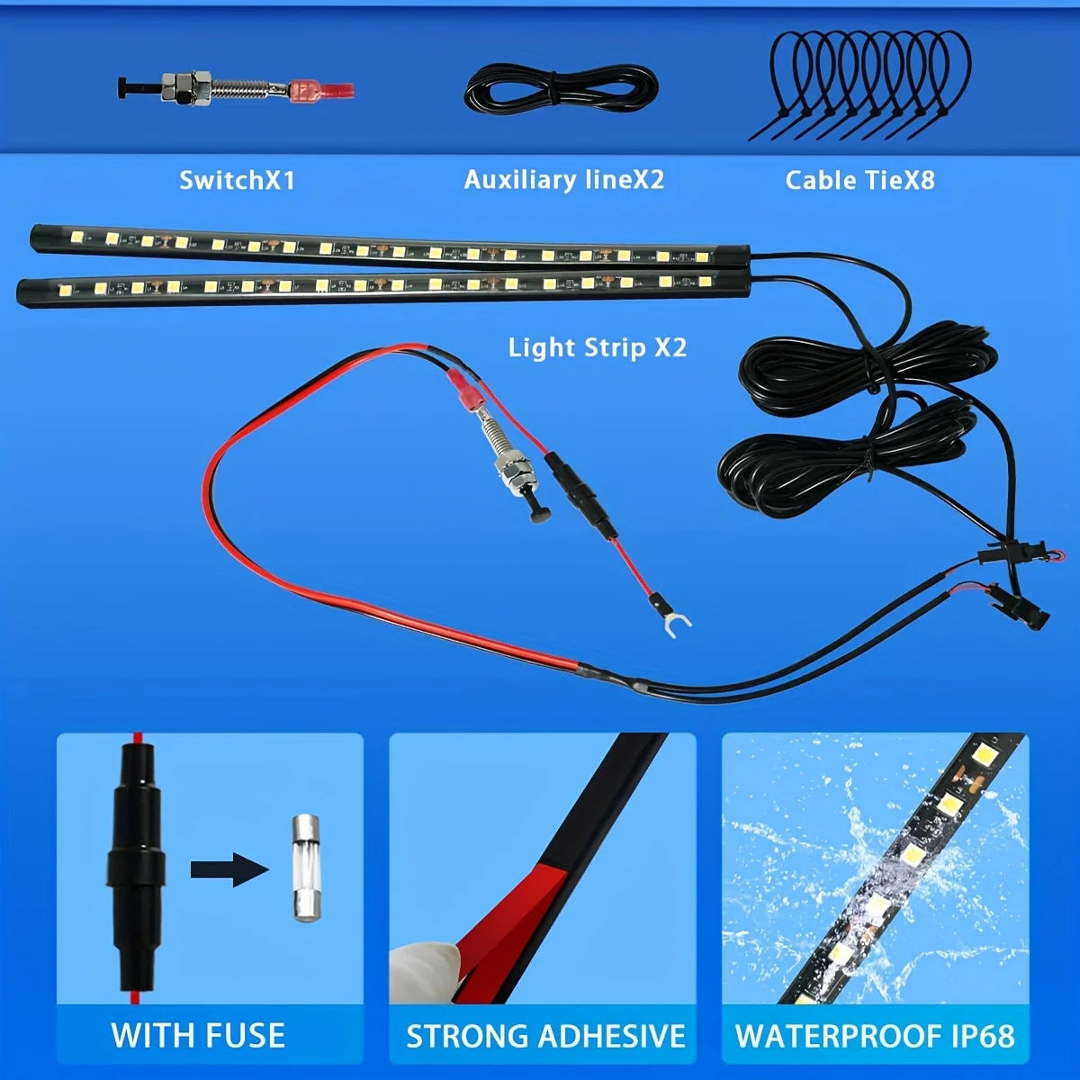 1Set LED Car under Hood Work Inspection Light Kit Waterproof White LED Strip Lights Bars Car Hood Lights Fits Any Vehicle 12V