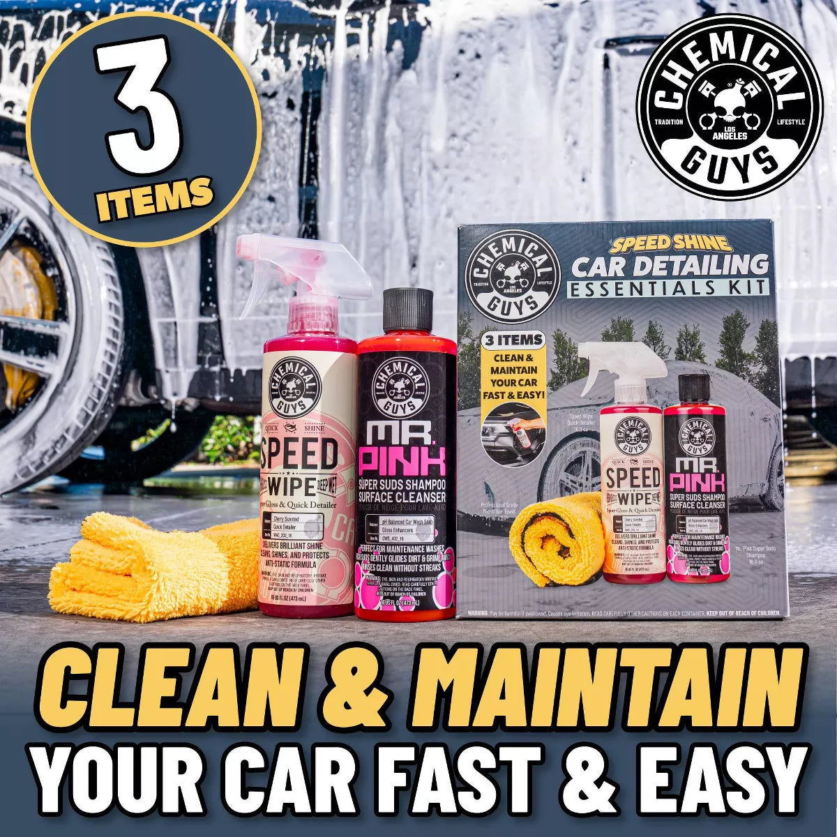 Chemical Guys 3Pc Wash and Shine Cleaners: Liquid Automotive Cleaning Kit, 2.75 Net Weight, Scented for Cars & Motorcycles