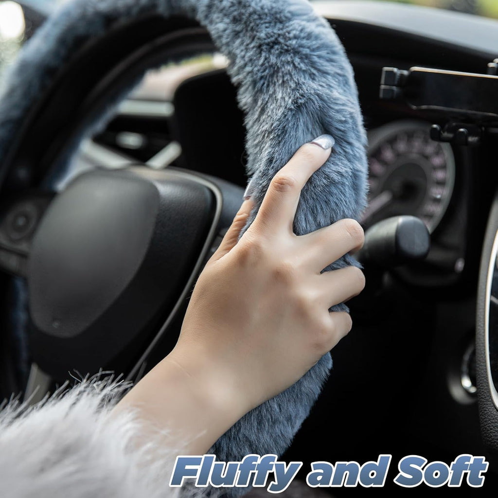Furry Car Steering Wheel Cover with Fluffy Gear Shift Cover Soft Warm Non-Slip Car Decoration for Men Women Girls 2 PCS Set, Blue Gray