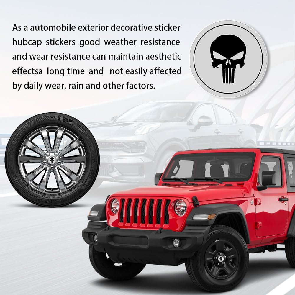 Tecledsn 4PCS Skull Wheel Center Caps - Waterproof & Rustproof Hub Cover Stickers, Decorative Accessories for Trucks and Cars (Black/Silver)