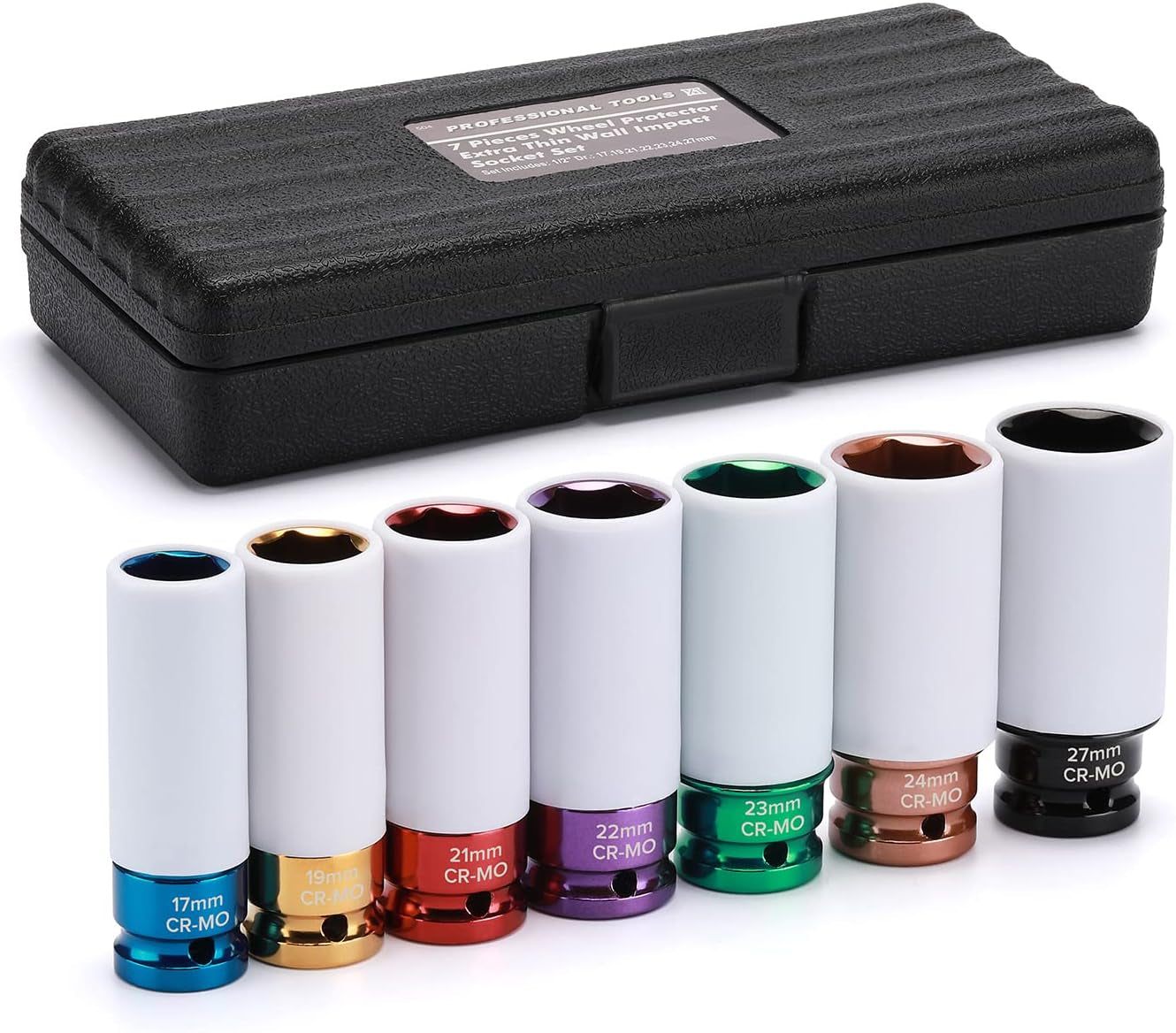7PCS 1/2" Drive Thin Wall Deep Wheel Protector Impact Socket Set, CR-MO, Lug Nut Impact Socket Set-17Mm, 19Mm, 21Mm, 22Mm, 23Mm, 24Mm, 27Mm