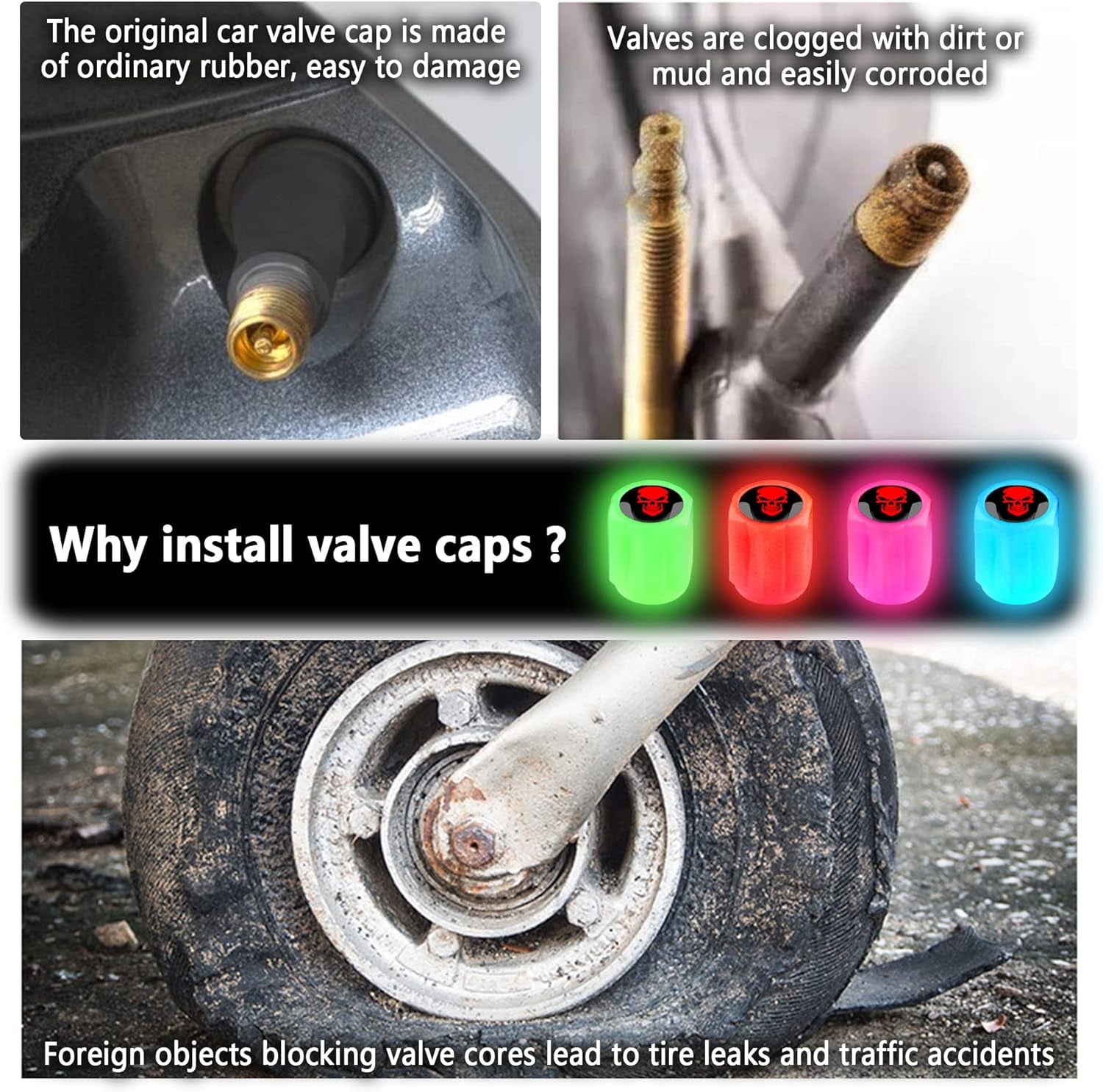 16PCS Fluorescent Tire Valve Stem Caps,Luminous Auto Wheel Air Valve Cap,Universal Decoration Accessories for Car/Suv/Bicycle/Trucks/Motorcycles,Cool Car Gifts (Skull/Blue-16Pcs)