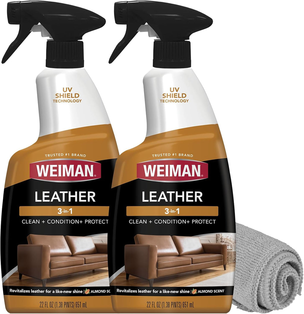Leather Cleaner Conditioner & Protector for Couches, Boots, Chairs, Bags, Purses & Auto Interior with Microfiber Towel Included (2 Pack)