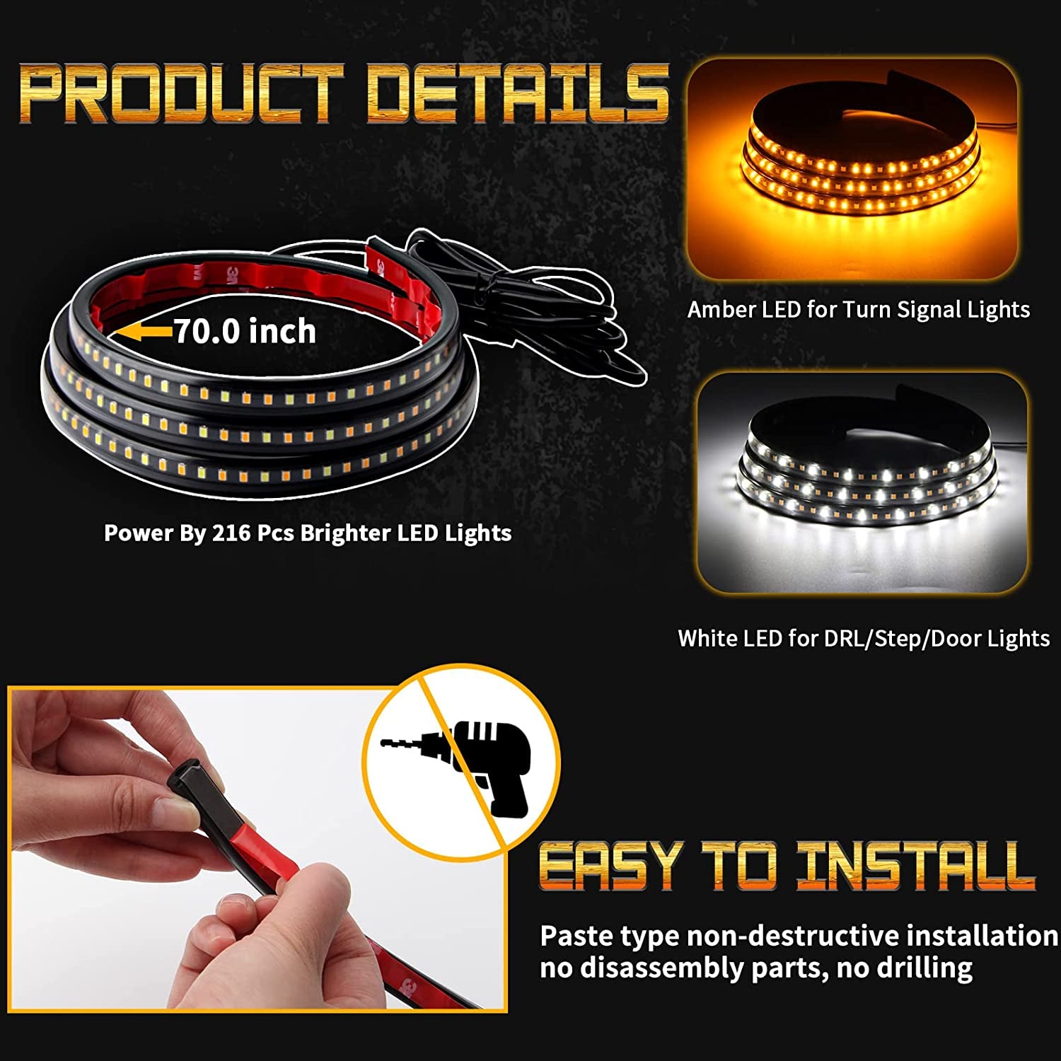 2Pcs Truck LED Running Board Lights Sequential Amber Led Side Marker Light 70 In