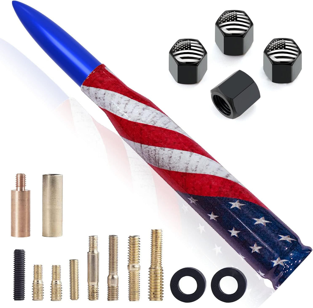 Car Truck Antenna with Valve Stem Caps - American Flag Design 5.5 Inch for GMC Chevy Silverado Dodge RAM 1500 2500 3500 Ford F150 F250 F350 Truck Accessories - Stubby Antenna Replacement (Blue)