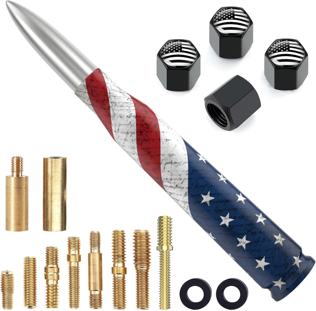 Car Truck Bullet Antenna Replacement Mast with Valve Stem Caps American Flag Style for GMC Sierra Chevy Silverado Dodge Ram 1500 2500 3500 Ford F150 F250 F350 Super Duty Raptor Accessories, Black