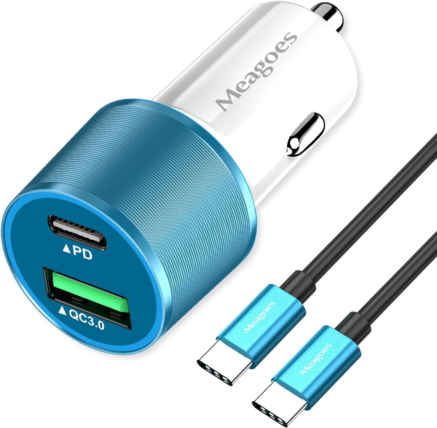 67.5W Blue Car Charger USB C Super Fast Charging, 45W USBC&QC3.0 Port Block for Iphone 17 Pro Max/Air/16/15/Ipad, Samsung S25 Android Cell Phone, Dual 12V Cigarette Lighter Adapter+3.3 Ft Type C Cable