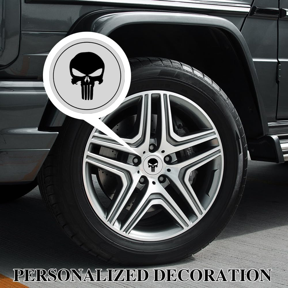 Tecledsn 4PCS Skull Wheel Center Caps - Waterproof & Rustproof Hub Cover Stickers, Decorative Accessories for Trucks and Cars (Black/Silver)