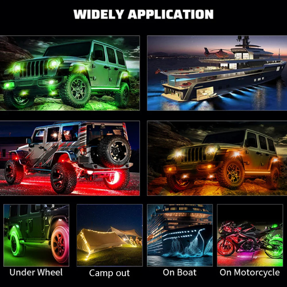 RGB 3D Lens LED Rock Lights with Remote App Control for Off-Road RZR, SUV, ATV, UTV, Jeep, and Underbody Chassis Illumination