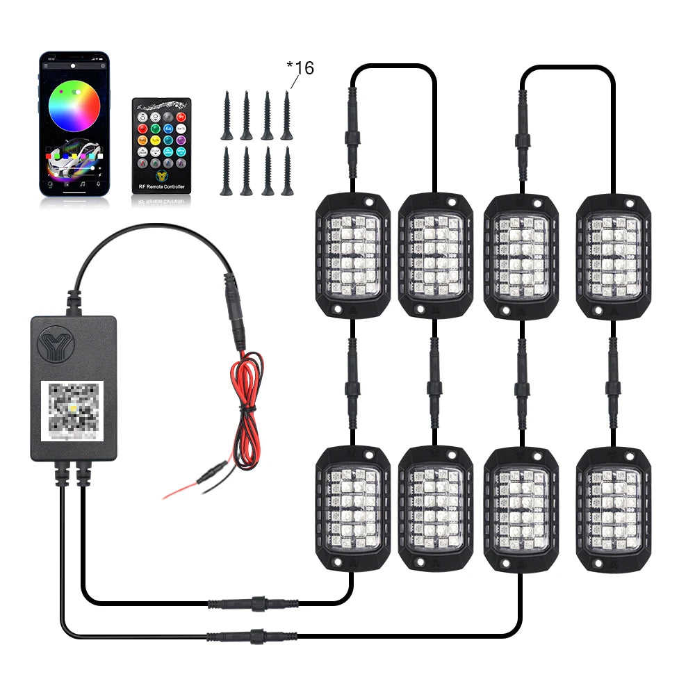 RGB 3D Lens LED Rock Lights with Remote App Control for Off-Road RZR, SUV, ATV, UTV, Jeep, and Underbody Chassis Illumination