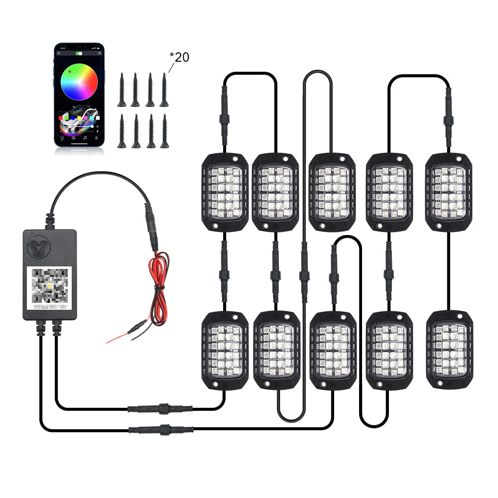 RGB 3D Lens LED Rock Lights with Remote App Control for Off-Road RZR, SUV, ATV, UTV, Jeep, and Underbody Chassis Illumination
