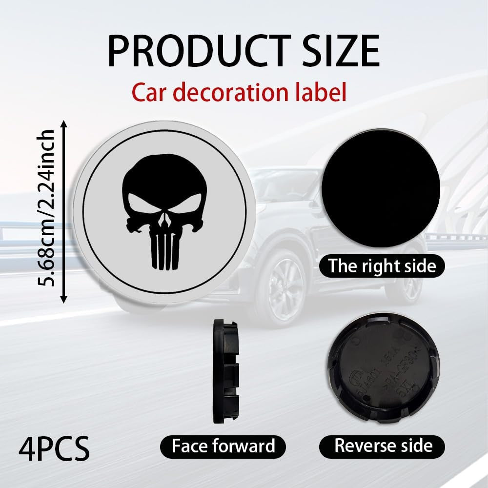 Tecledsn 4PCS Skull Wheel Center Caps - Waterproof & Rustproof Hub Cover Stickers, Decorative Accessories for Trucks and Cars (Black/Silver)