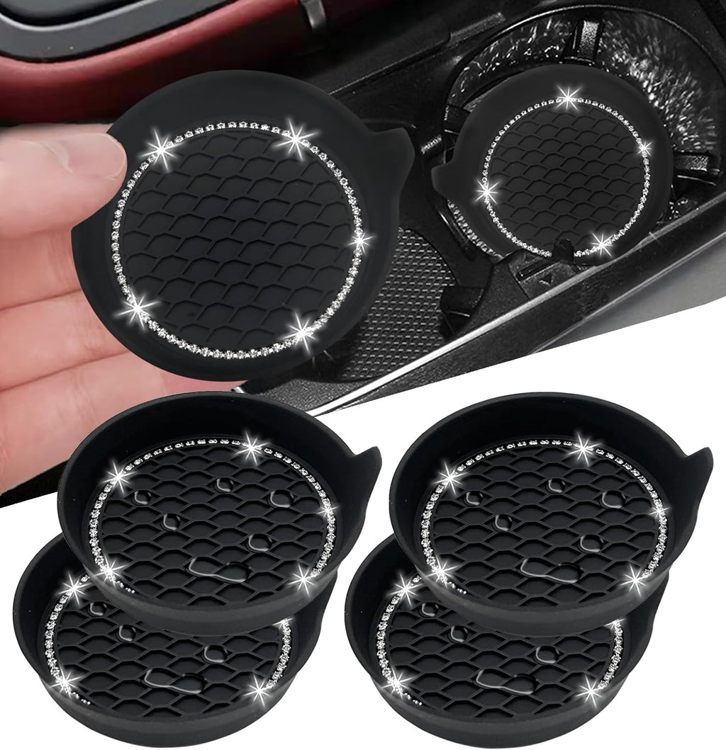 NBTEPEM 4PCS Bling Car Coasters, Non-Slip Insert Water Bottle Holder Pads, Bling Crystal Rhinestone Dustproof Automotive Interior Accessories, Universal for Vehicles, Trucks, Rvs (4 Pcs, Black)