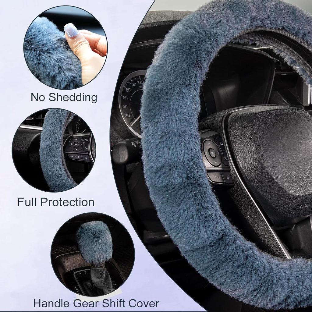 Furry Car Steering Wheel Cover with Fluffy Gear Shift Cover Soft Warm Non-Slip Car Decoration for Men Women Girls 2 PCS Set, Blue Gray