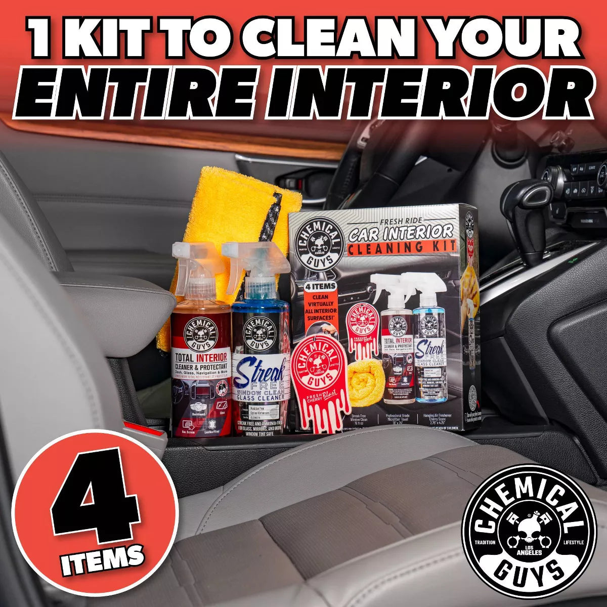 Chemical Guys 4Pc Interior Essentials: Liquid Automotive Cleaning Kit for Car Care, Scented Cleaners