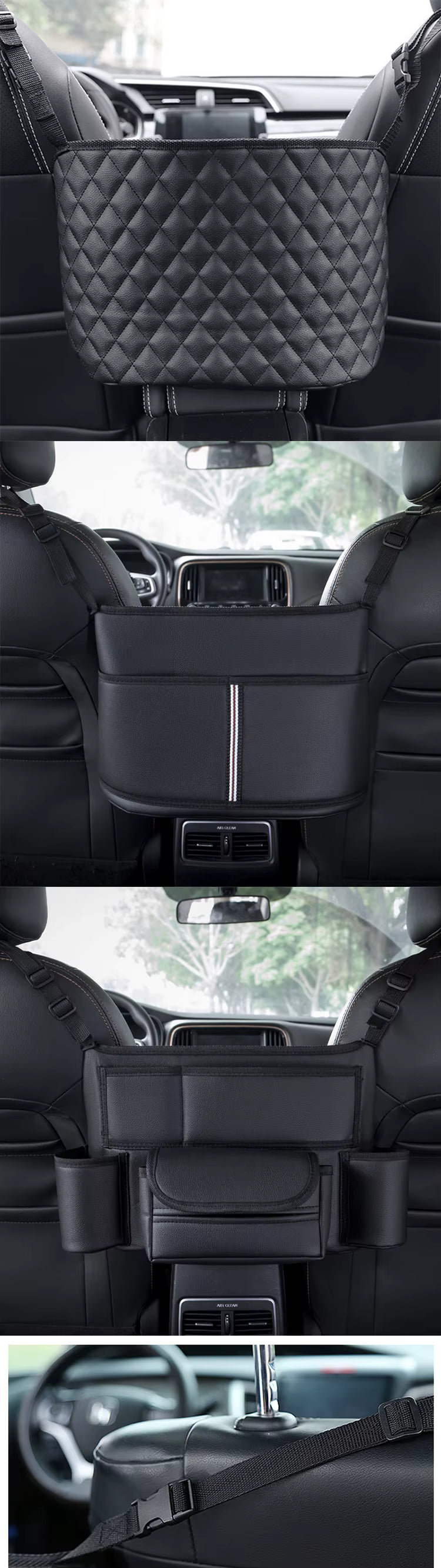 Car Seat Middle Hanger Storage Bag Leather Large Capacity Handbag Holder between Seats Tissue Water Cup ockets Stowing Tidying