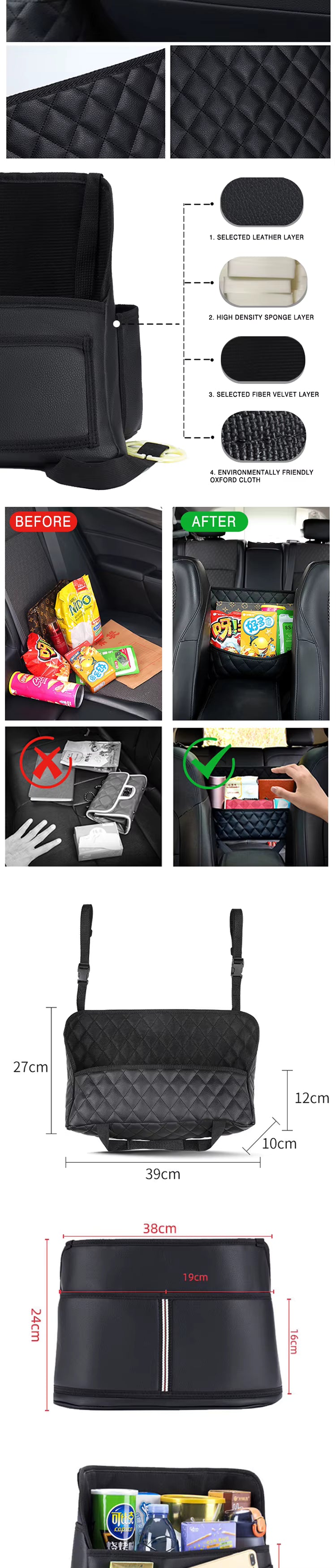 Car Seat Middle Hanger Storage Bag Leather Large Capacity Handbag Holder between Seats Tissue Water Cup ockets Stowing Tidying