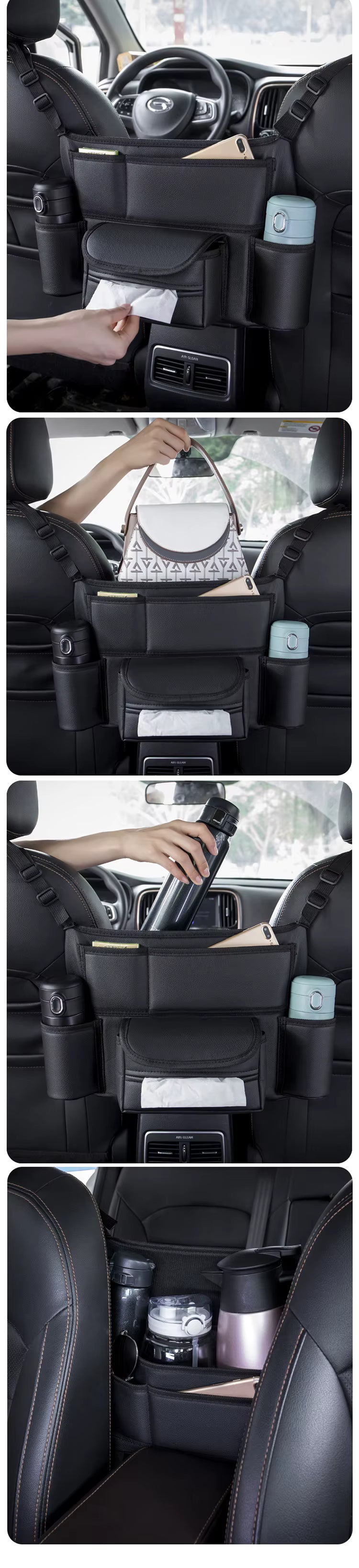 Car Seat Middle Hanger Storage Bag Leather Large Capacity Handbag Holder between Seats Tissue Water Cup ockets Stowing Tidying