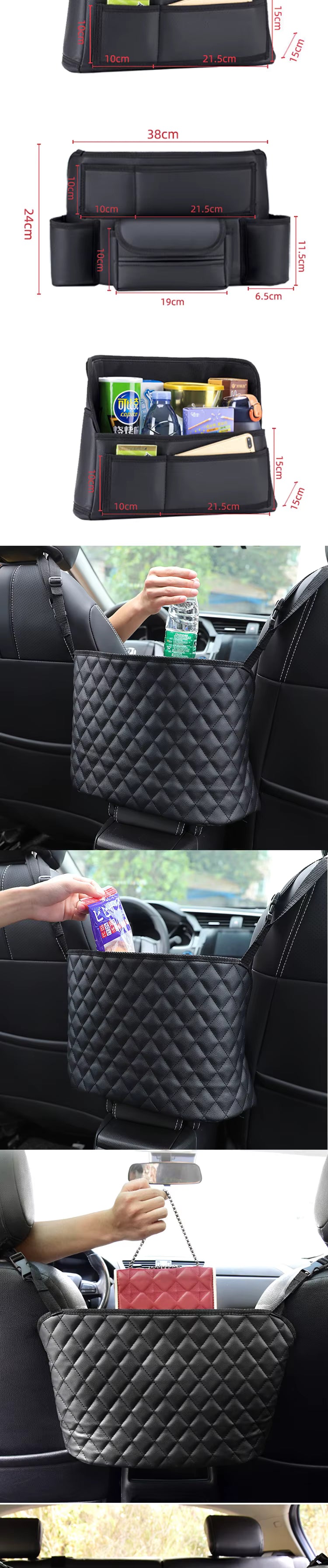 Car Seat Middle Hanger Storage Bag Leather Large Capacity Handbag Holder between Seats Tissue Water Cup ockets Stowing Tidying