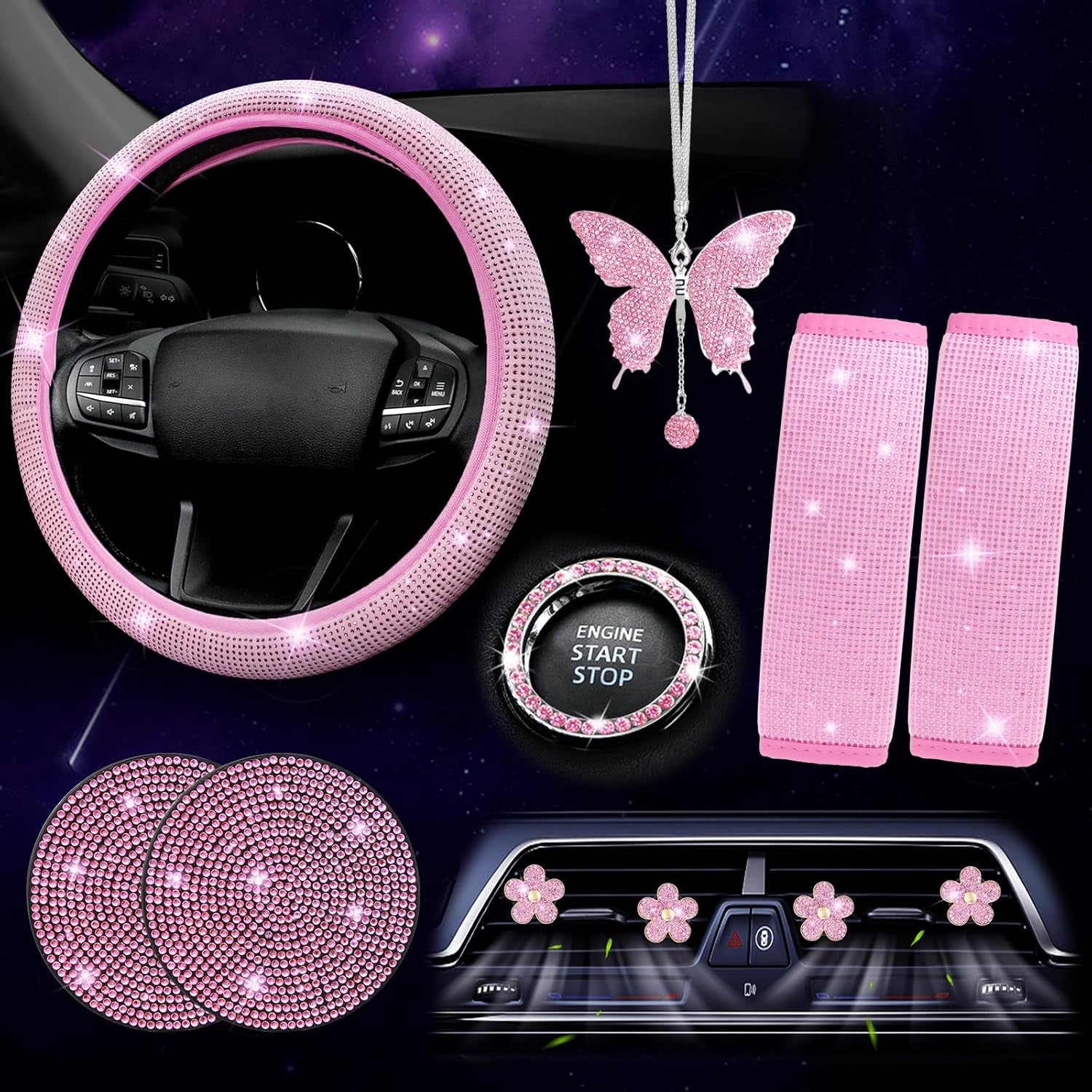 ARTILAURA 11 PCS Bling Car Accessories Set for Women Steering Wheel Covers Butterfly Hanging Seat Belt Cover Air Vent Clips Coasters Cute Glitter Diamond AUTO Accessories Kit (Black)