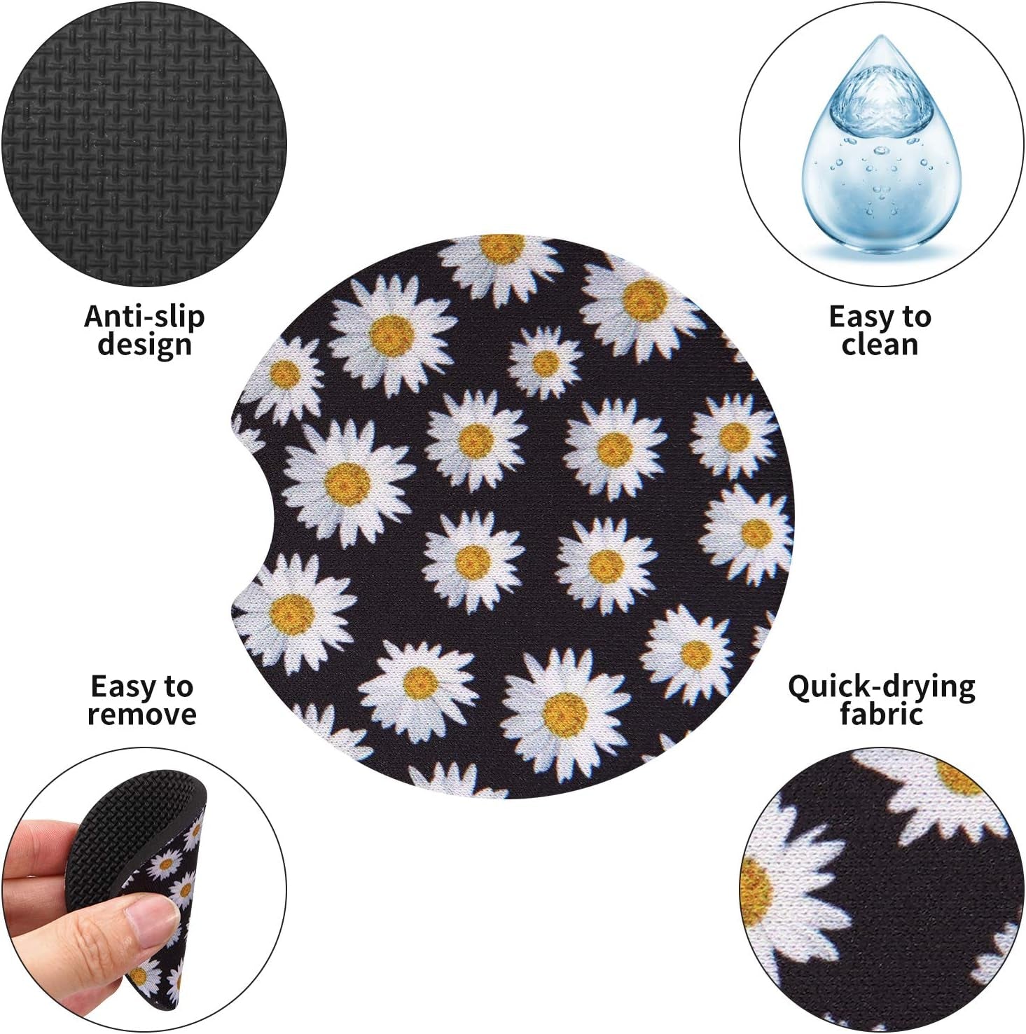 Car Cup Drink Holder Coaster, 2 Pack Car Coasters for Cup Holders, Cute Vehicle Accessories for Women and Girl (Daisy)