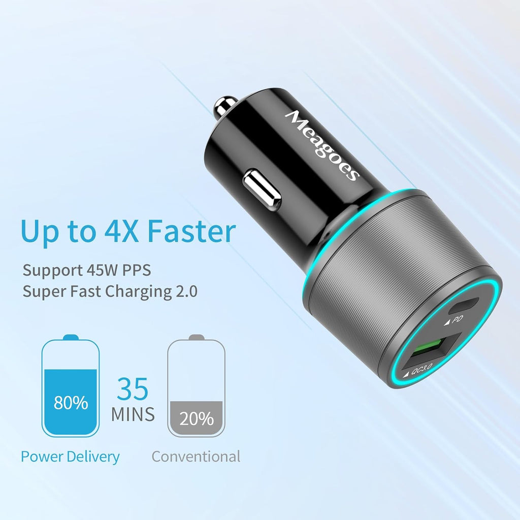 67.5W Car Charger USB C Super Fast Charging, 45W USBC & QC3.0 Port Block for Iphone 17 Pro Max/Air/16/15/Ipad, Samsung S25 Android Cell Phone, Dual 12V Cigarette Lighter Adapter + 3.3 Ft Type C Cable