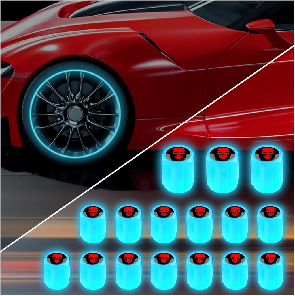 16PCS Fluorescent Tire Valve Stem Caps,Luminous Auto Wheel Air Valve Cap,Universal Decoration Accessories for Car/Suv/Bicycle/Trucks/Motorcycles,Cool Car Gifts (Skull/Blue-16Pcs)