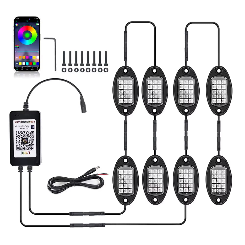 4/8 Pods RGB LED Rock Light 15 Leds APP Control Music Neon Car Underglow Chassis Light for Offroad Truck SUV Rock Lights.