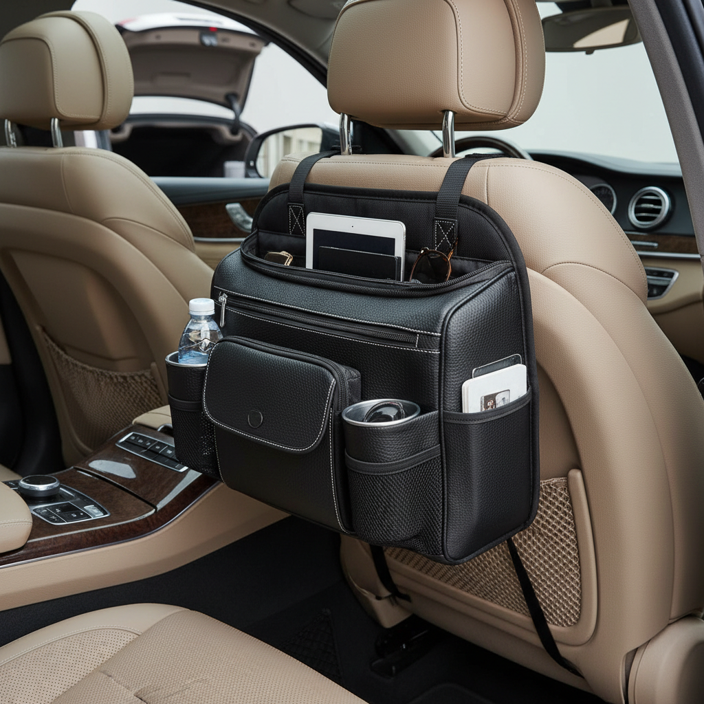 Specifications:

Product Name: Multi functional Car Storage Bag
Product material: Selected leather+sponge+Oxford cloth
Product size: see options
Applicable models: General models

Products include:
1 storage bag

Note:
Please allow 1-3CM differences due to manual measurement
Due to the different display and different light, the picture may not reflect the actual color of the item Thanks for your understanding